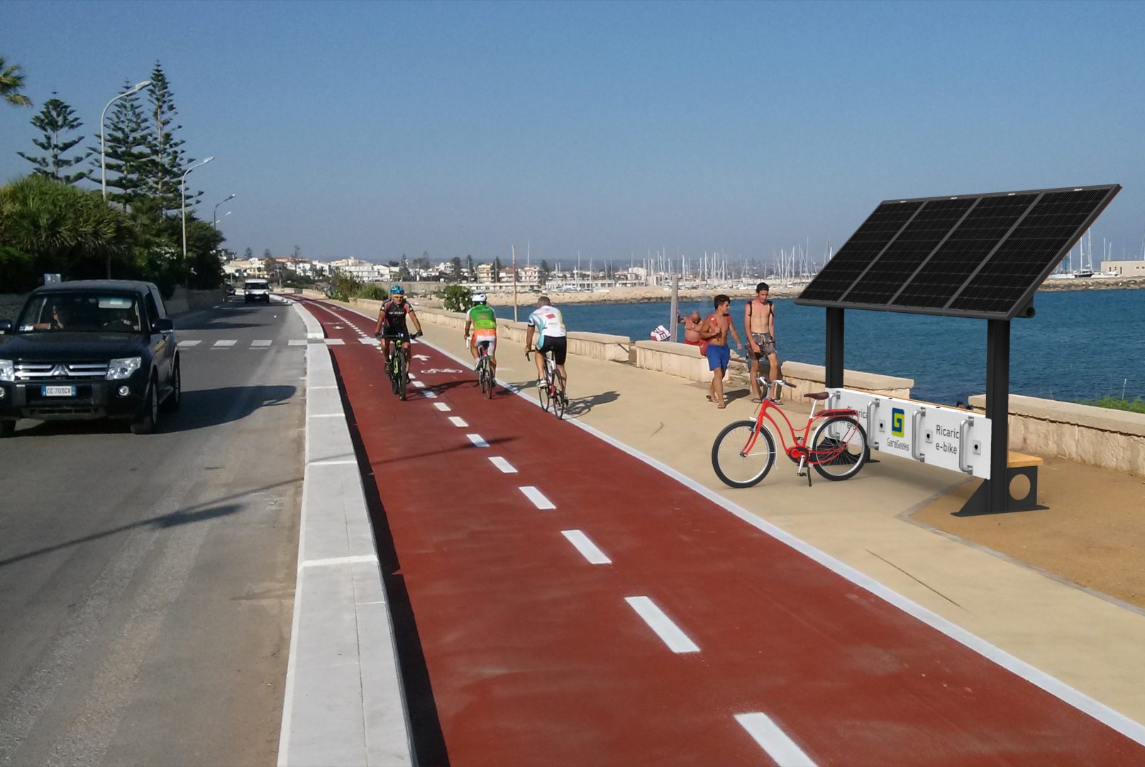 pensilina fotovoltaica per bici elettriche lungo mare